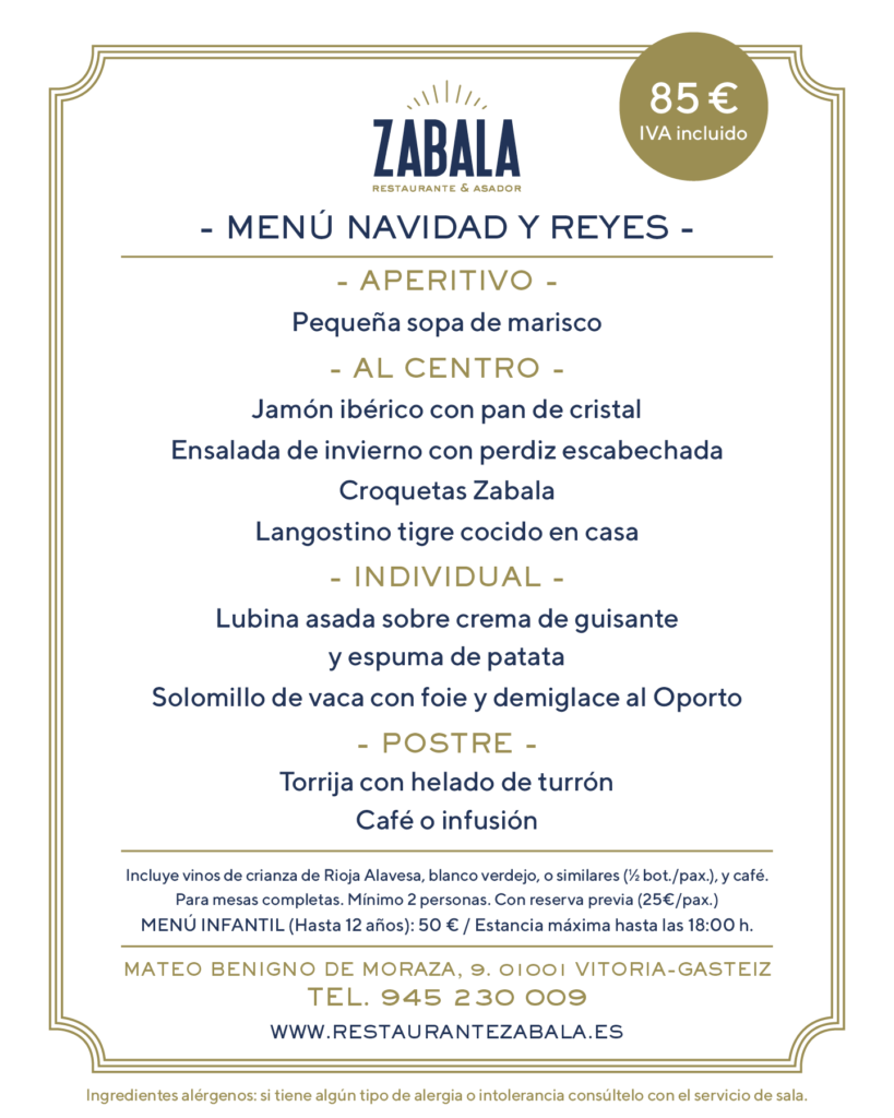 Restaurante Zabala, Vitoria-Gasteiz - Menú Navidad 2026 y Reyes 2027